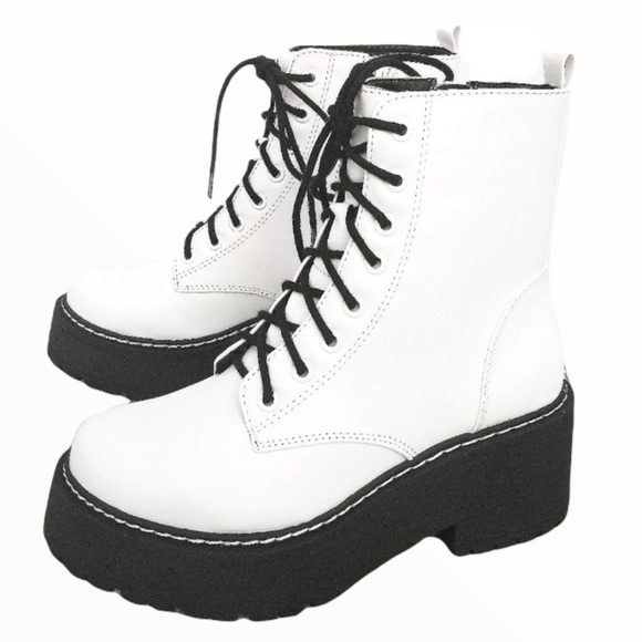 White Lace Up Platform Combat Boots - Picture 5 of 12